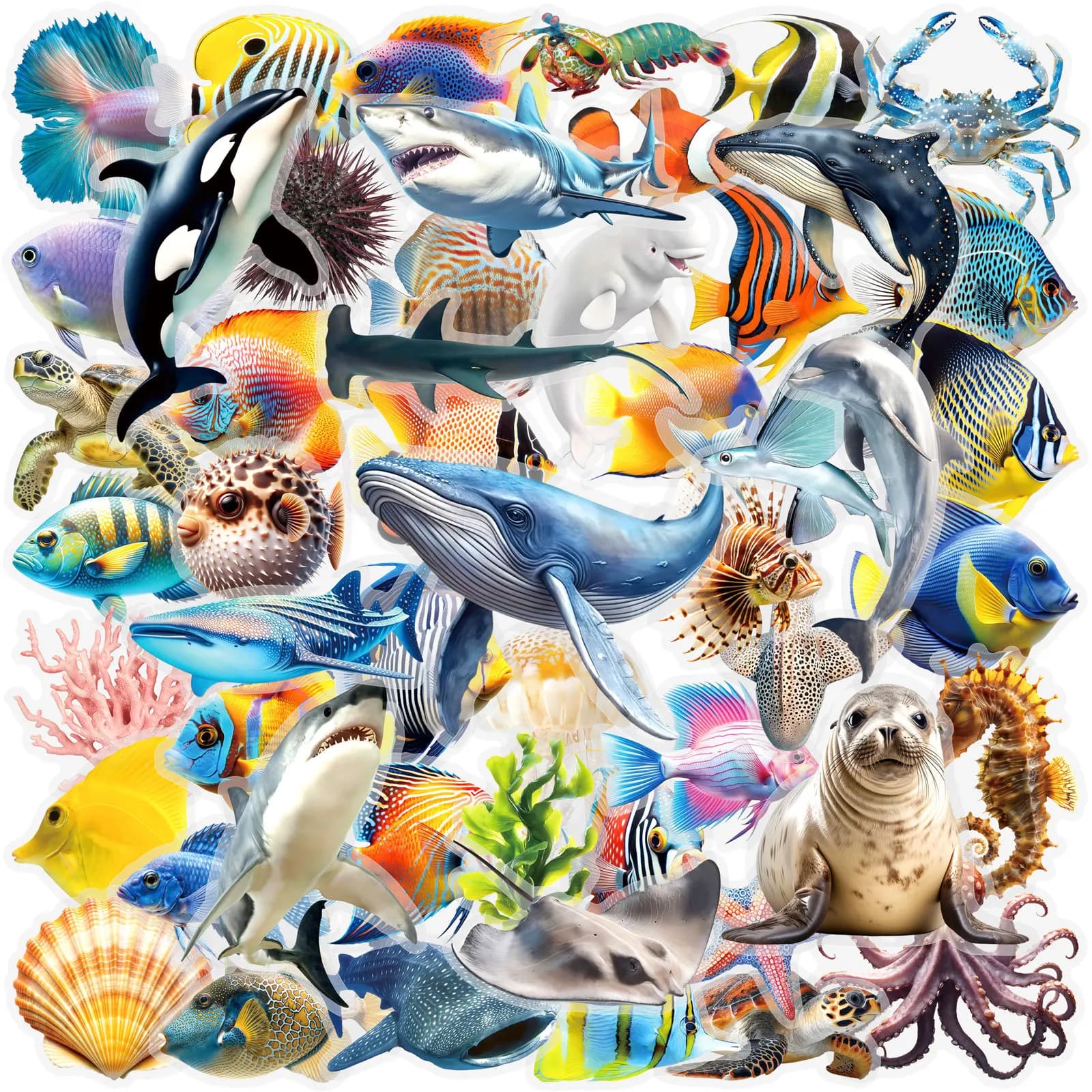 50 Pezzi Adesivi Trasparenti con Pesci e Animali Marini per Decorazioni Fai-da-Te, Scrapbooking, Quaderni, Telefoni, Laptop, Chitarre