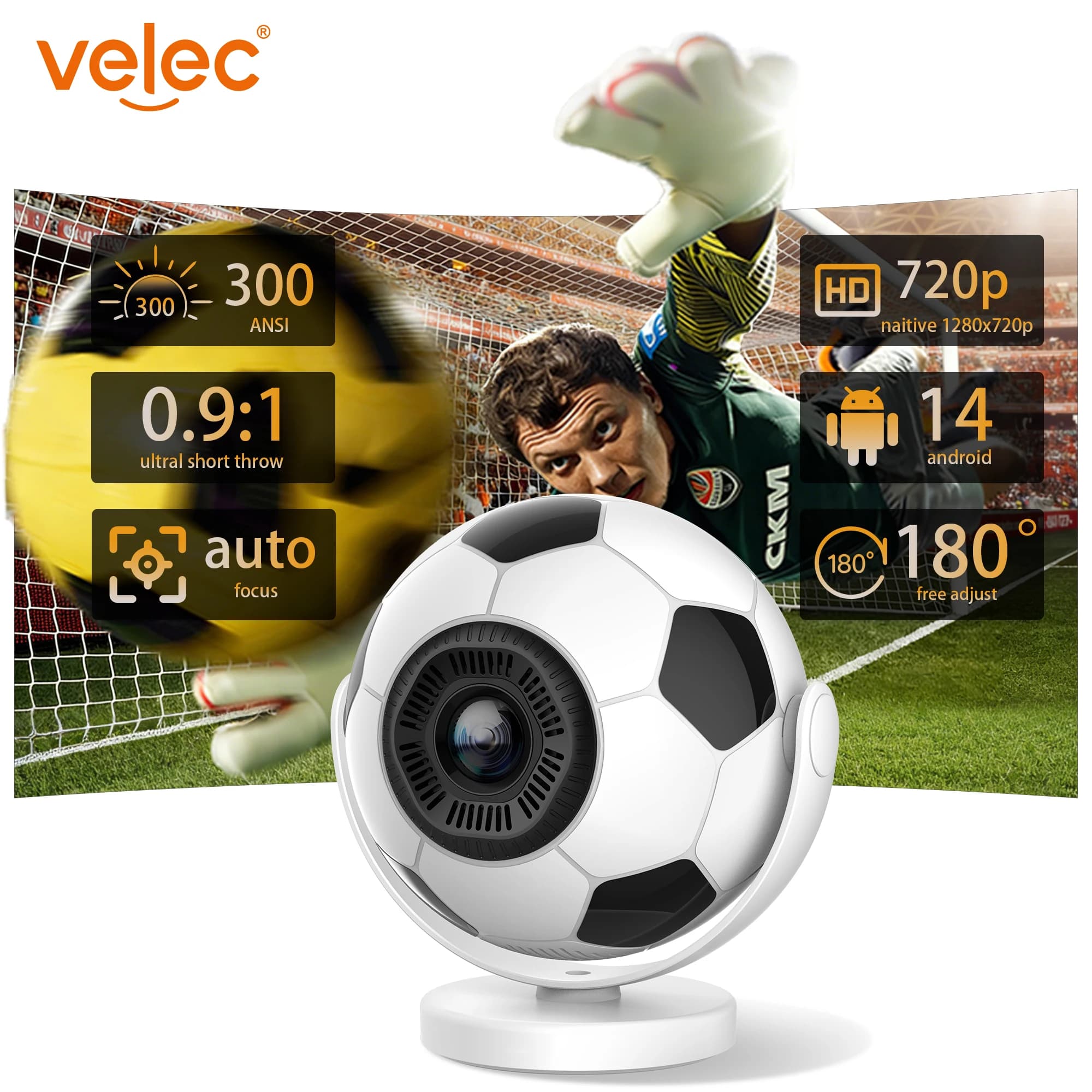 Velec HY300F 8K 300ANSI Android14 Mini Proiettore Portatile LED Wifi6 BT5.4 Design Creativo a Forma di Pallone da Calcio per Film e Home Theater