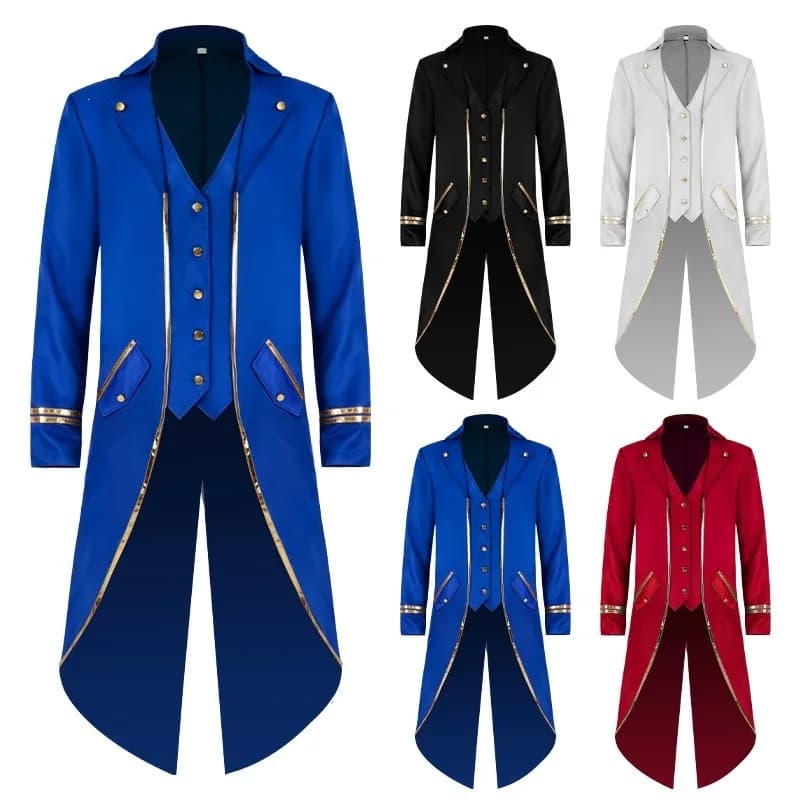 Men's Classic Medieval Vintage Tailcoat Halloween Cosplay Victorian Renaissance Style Steampunk Coat Jacket with Gold Trim