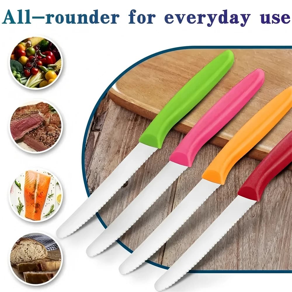6/12PCS, Coltello da bistecca seghettato Punta rotonda per frutta e verdura Paring Cottura del pane tostato Coltelli per pane seghettato Roba da cucina Strumenti di cottura