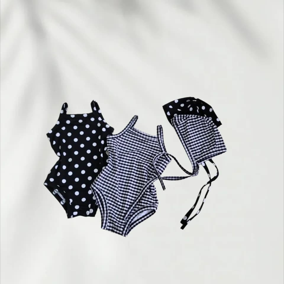 Full triangle swimsuit with Korean style print for girls 0-3 years, Summer 2026 collection, with matching swim cap