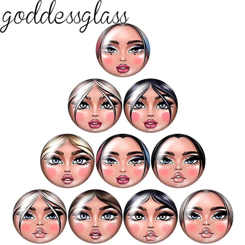 Beauty Girl Doll Face Occhiali da sole Ragazza 10 pezzi misti 12mm/18mm/20mm/25mm Foto rotonda cabochon in vetro demo parte posteriore piatta Creazione di risultati