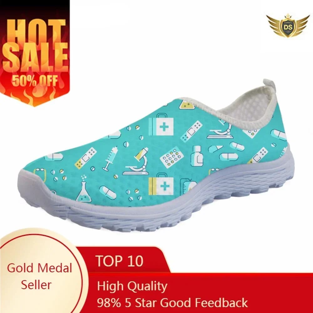 Summer Women Slip-on Flat Shoes Nursing Pattern Breathable Ladies Sneaker Shoes Fashion AF Mesh Woman Flats