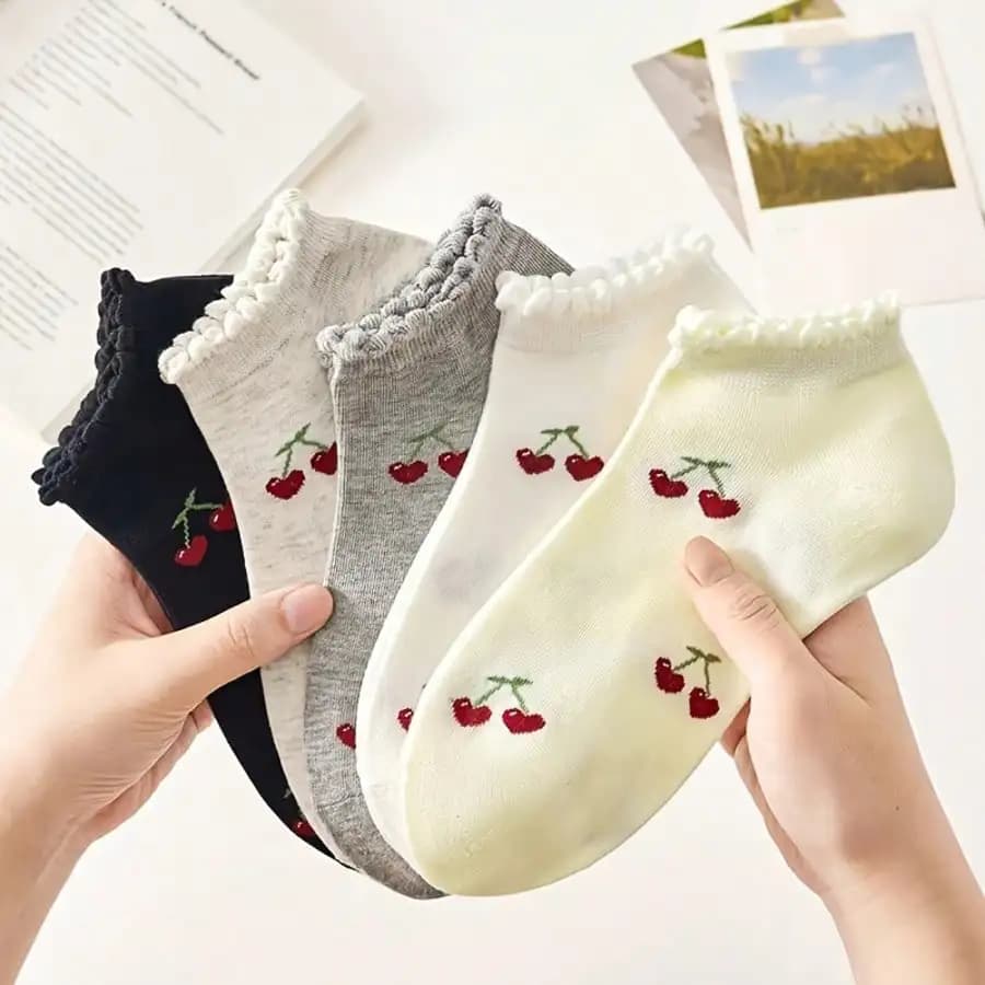5 paia di calzini carini con volant a forma di ciliegia per donna, calzini casual comodi e traspiranti primaverili, adatti per primavera, estate, autunno