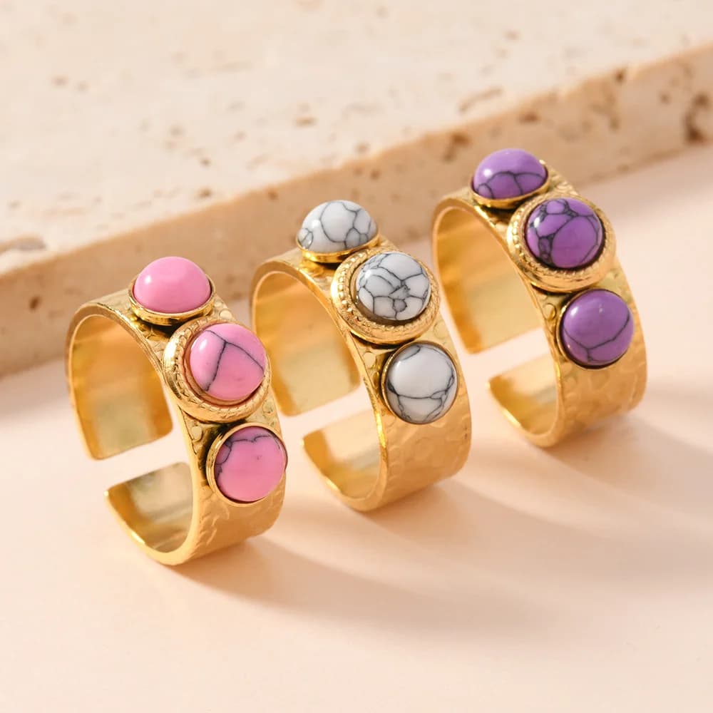 Regali di gioielli per feste con anello aperto in pietra naturale etnica bohémien da uomo e da donna in acciaio inossidabile con texture irregolare vintage turchesi