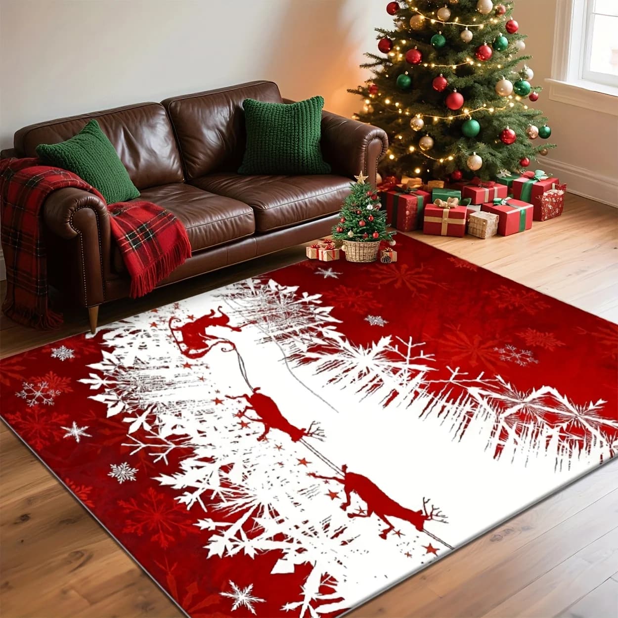 Living Room Bedroom Christmas Reindeer Sleigh Snowflake Pattern Large Area Rug New Year Winter Holiday Party Floor Mat Door Mat