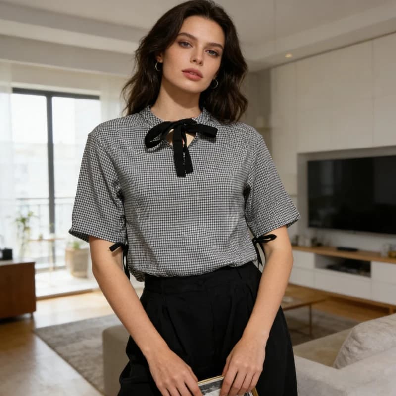 New Casual Summer Shirt with Laces and Pattern Square, Short Sleeve, Elegant and Versatile, Women's Top with Contrasting Colors