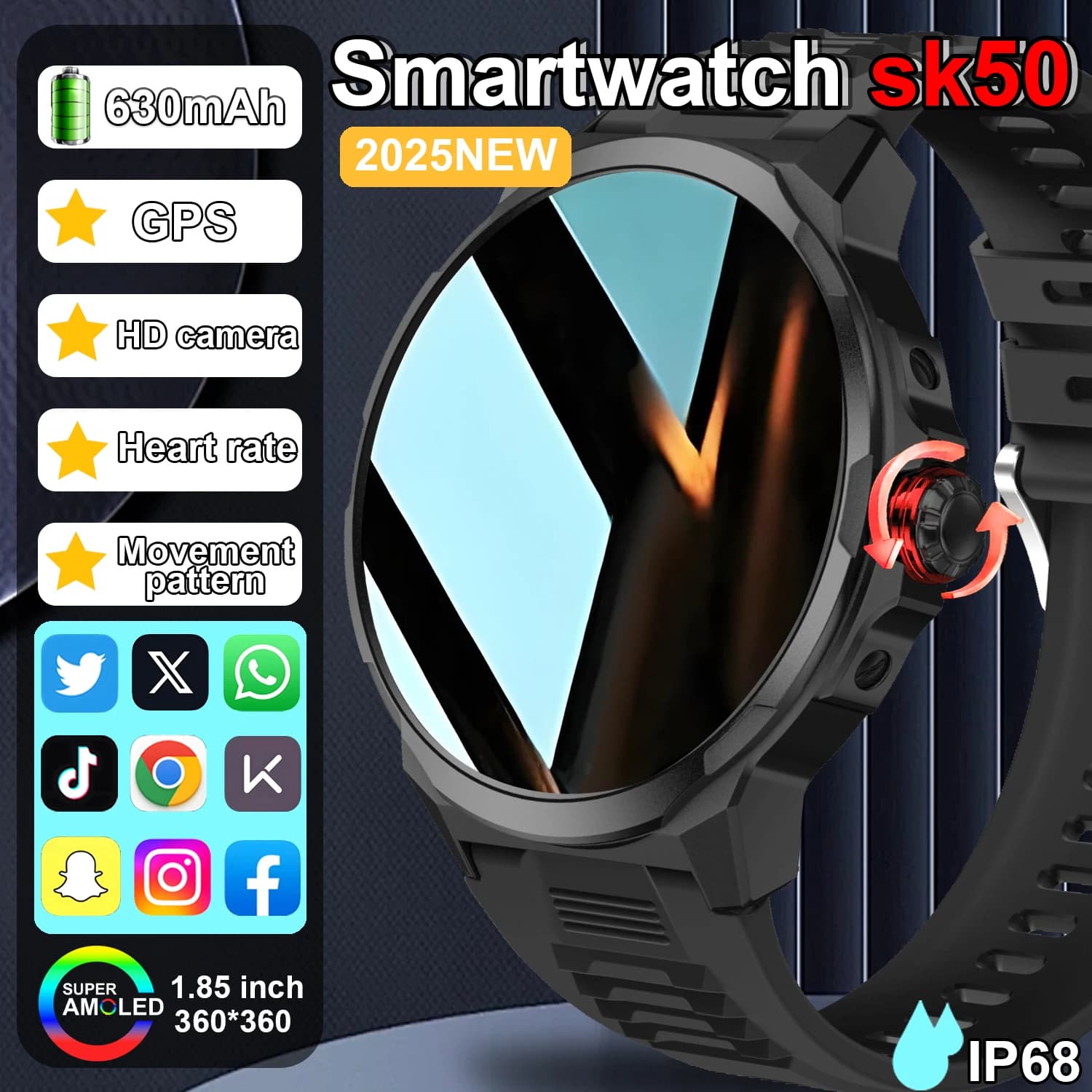 2025New SK50 Smart Watch Funzione fotografica Traiettoria GPS 1.93 Grande schermo HD 700mAh Fitness Tracker Chiamata Bluetooth Orologio impermeabile