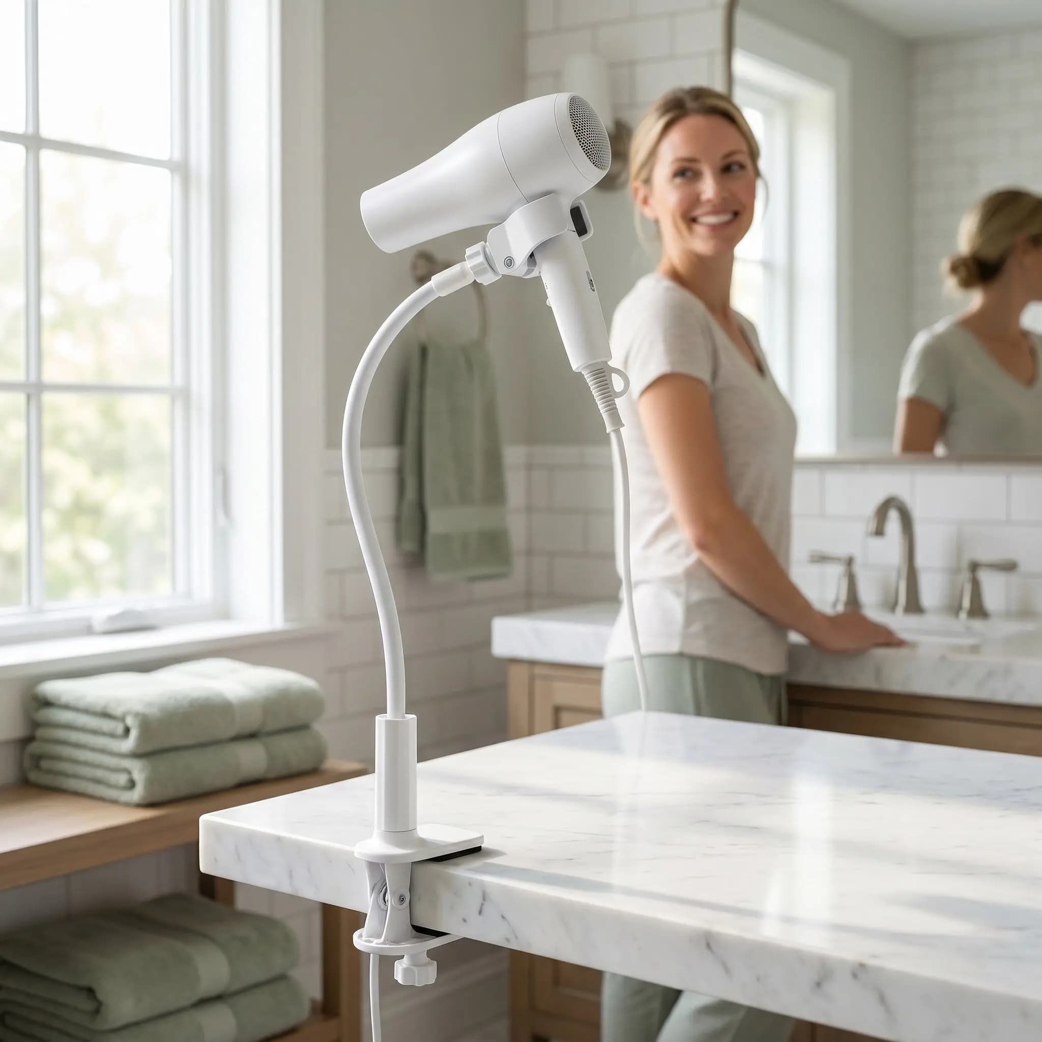 Bathroom Blow Dryer Stand Adjustable Hair Dryer Holder Clamp No Drill Hands-Free Portable 31.5in Rotating Arm Countertop