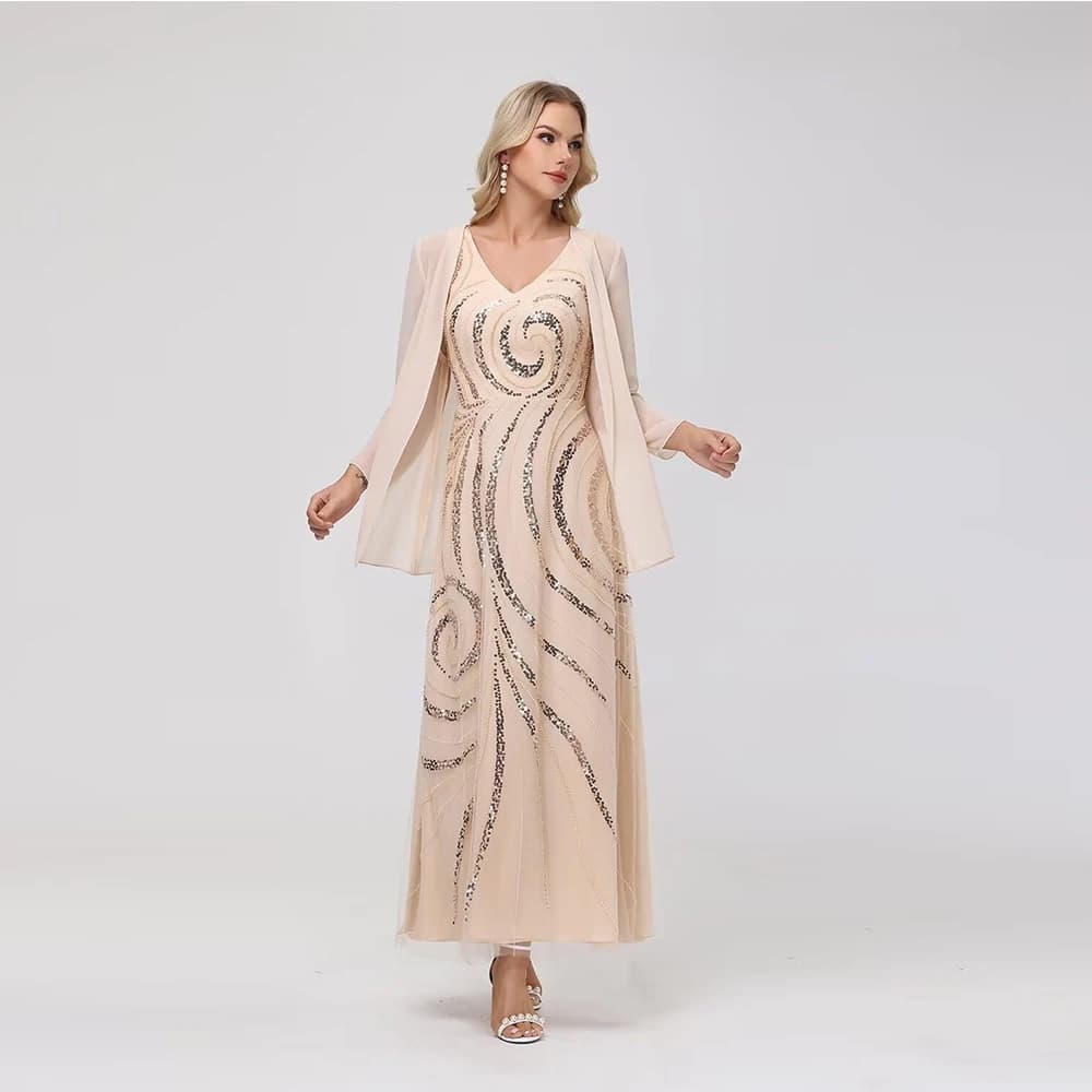Customized Exquisite Simple Chiffon Sparkly Mother of The Bride Dress 2025 Sparkly Wedding Guest Dress with Jacket Ankle Length