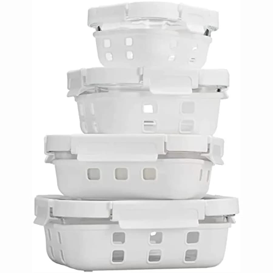 Contenitori in vetro per la conservazione degli alimenti - Pellicola in silicone per alimenti e valvola di rilascio dell'aria - Forma rettangolare - Set da 8 pezzi, 4 contenitori