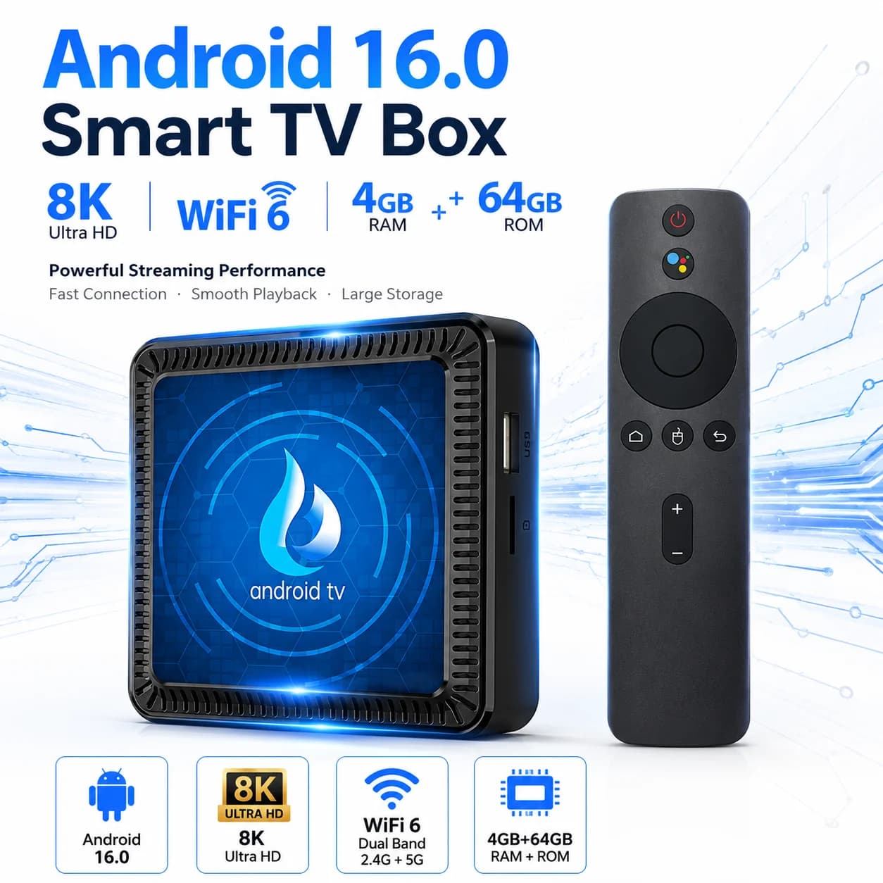 Box TV Android 16.0 8K Ultra HD, Lettore Multimediale in Streaming con WiFi 6, 4GB RAM 64GB ROM, Smart Android TV Box per Intrattenimento Domestico