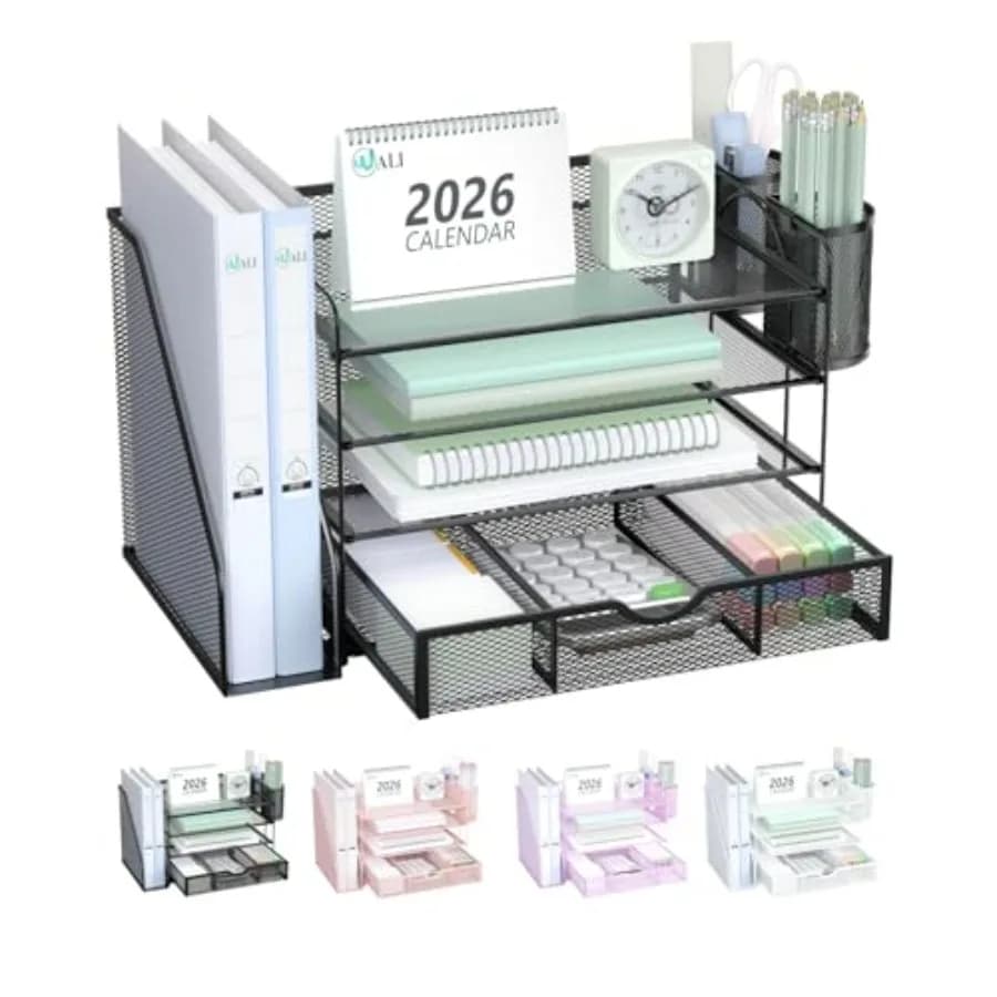Organizzatore da scrivania, portadocumenti a 4 livelli con cassetto e portapenne, accessori per ufficio e postazione di lavoro