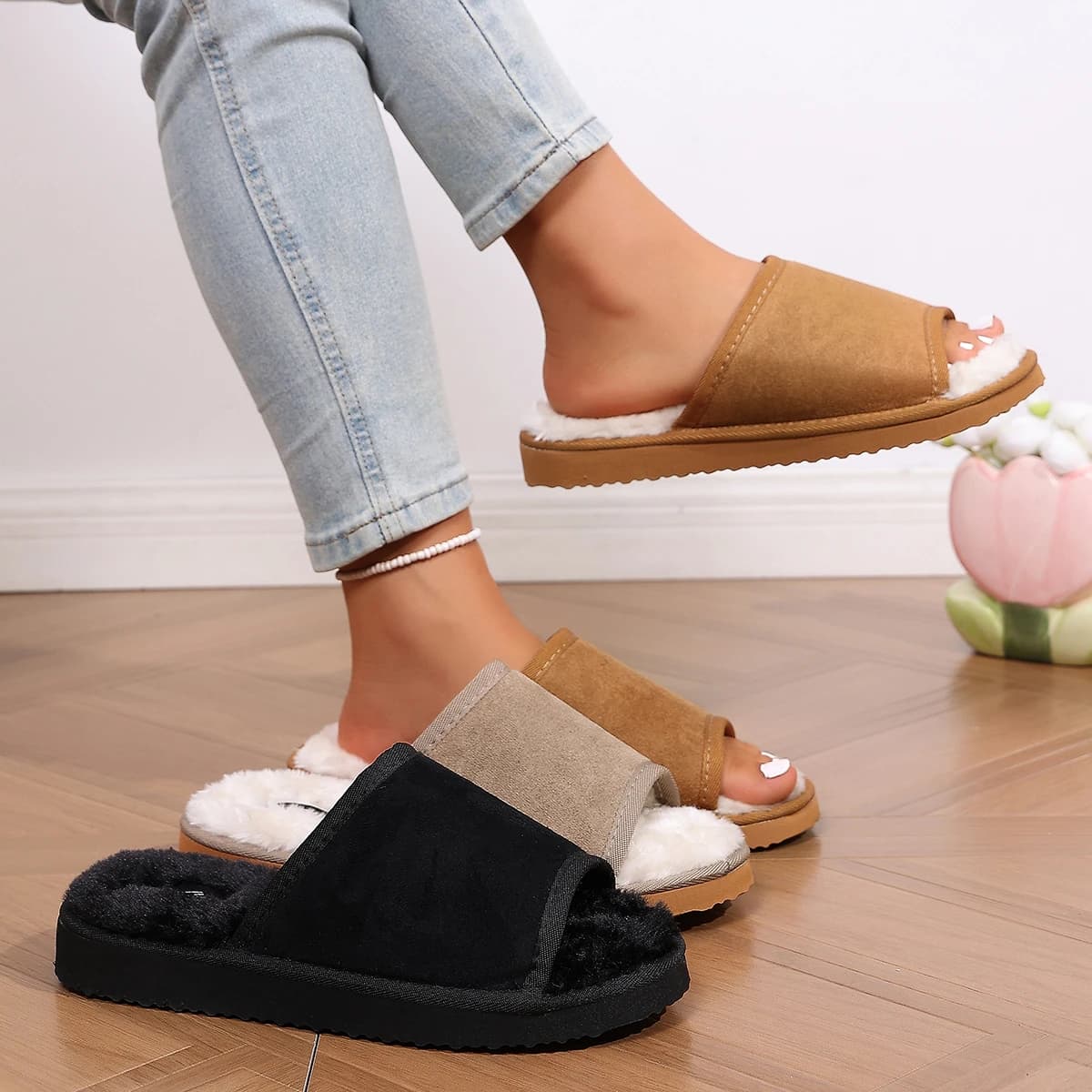 Women Open‑Toe One‑Strap Fuzzy Slide Slippers Plush Lining Soft Non‑Slip Sole Warm Winter Indoor Outdoor Casual Home Footwear