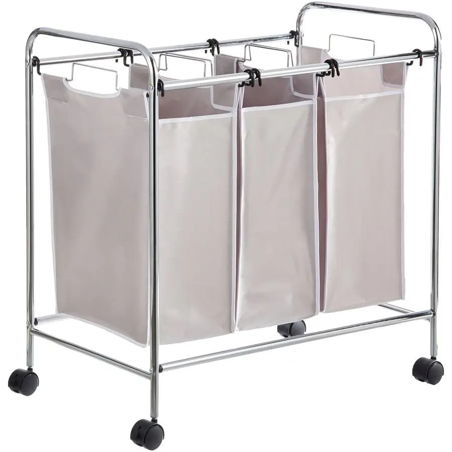 Organizzatore per Bucato con 3 Sacchi Rimovibili, Telaio in Metallo, Lavabile, Ruote Bloccabili, Grigio