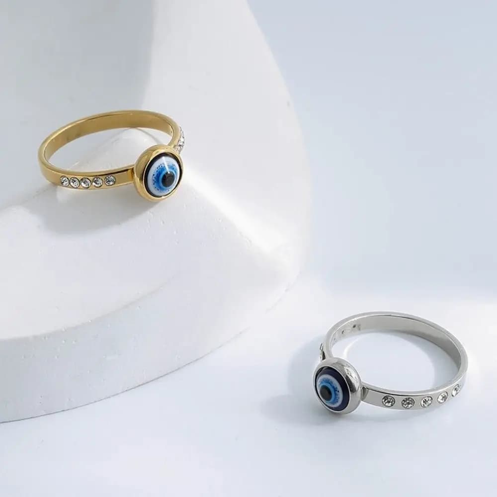 Anello con Occhio Blu Esagerato, Stile Semplice, in Argento, Oro, Titanio, Acciaio, Anello Versatile con Strass Squisiti, per Coppie