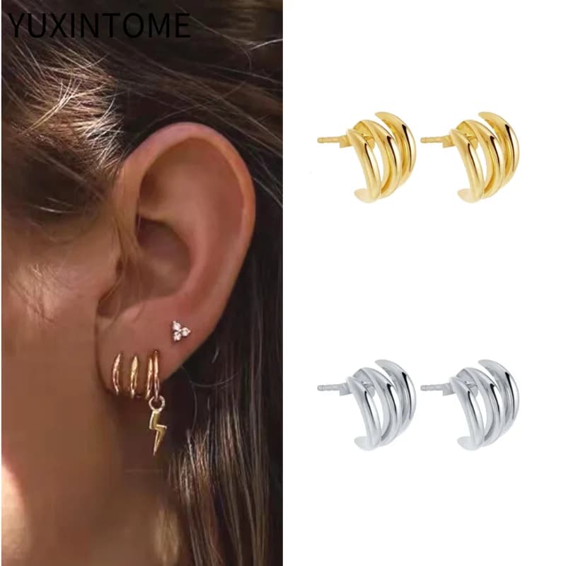 Orecchini a bottone a forma di C in argento sterling 925 con ago per l'orecchio per le donne Orecchini penetranti minimalisti a tre artigli Gioielli di tendenza