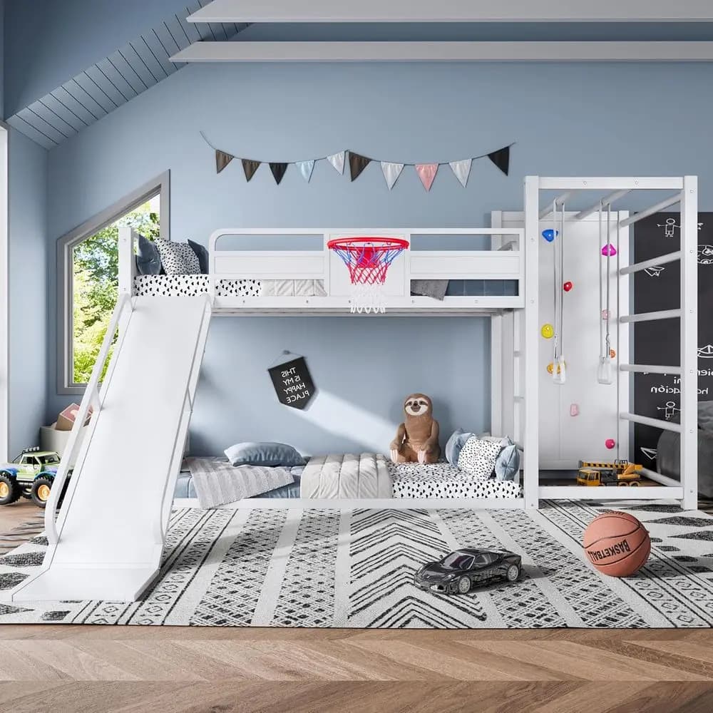 Letto a Castello in Metallo per Bambini e Ragazzi con Scivolo, Canestro da Basket, Parete da Arrampicata e Anelli per Trazioni, Bianco