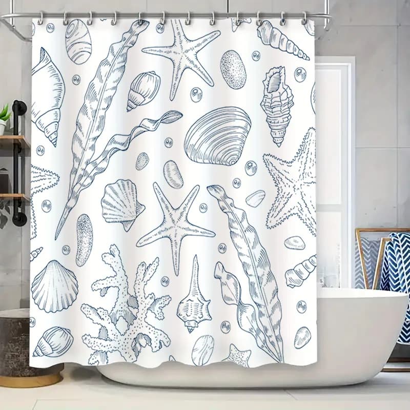 Tenda da doccia Sea Life, impermeabile, stampata, decorativa, per il bagno, conchiglia Shagreen, stella marina, corallo, stampa di pesci