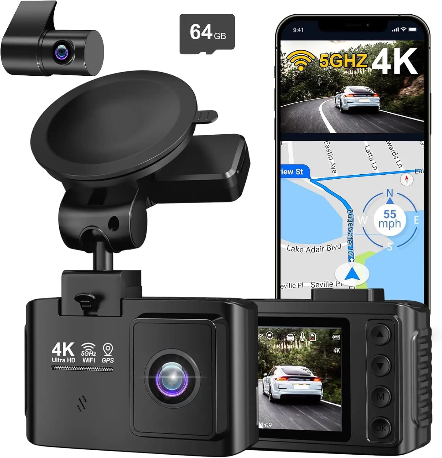 4K+2.5K Dual Dash Cam, 5GHz WiFi GPS, 64GB Card, Night Vision, Parking Mode