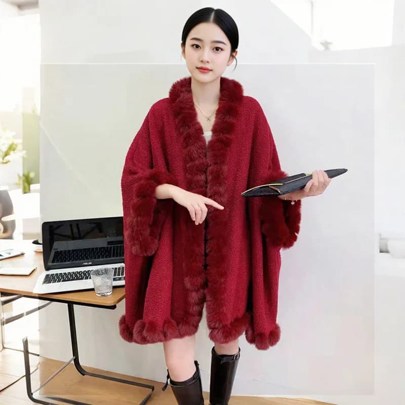 Natale Donna Inverno Addensare Scialle Finta Pelliccia di Coniglio Grande Collo Lungo Poncho Allentato Grande Mantelle a Pendolo Mantello Plus Size Soprabito