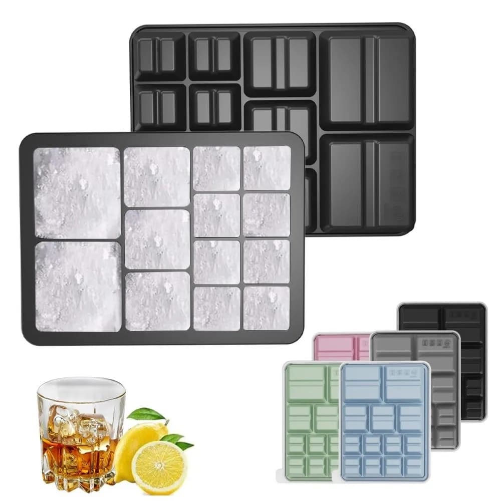 Nuovo stampo per cubetti di ghiaccio in silicone, forma quadrata, 13 scomparti, vassoio impilabile, coperchio anti-perdita multi-misura, stampo per ghiaccio per uso in cucina