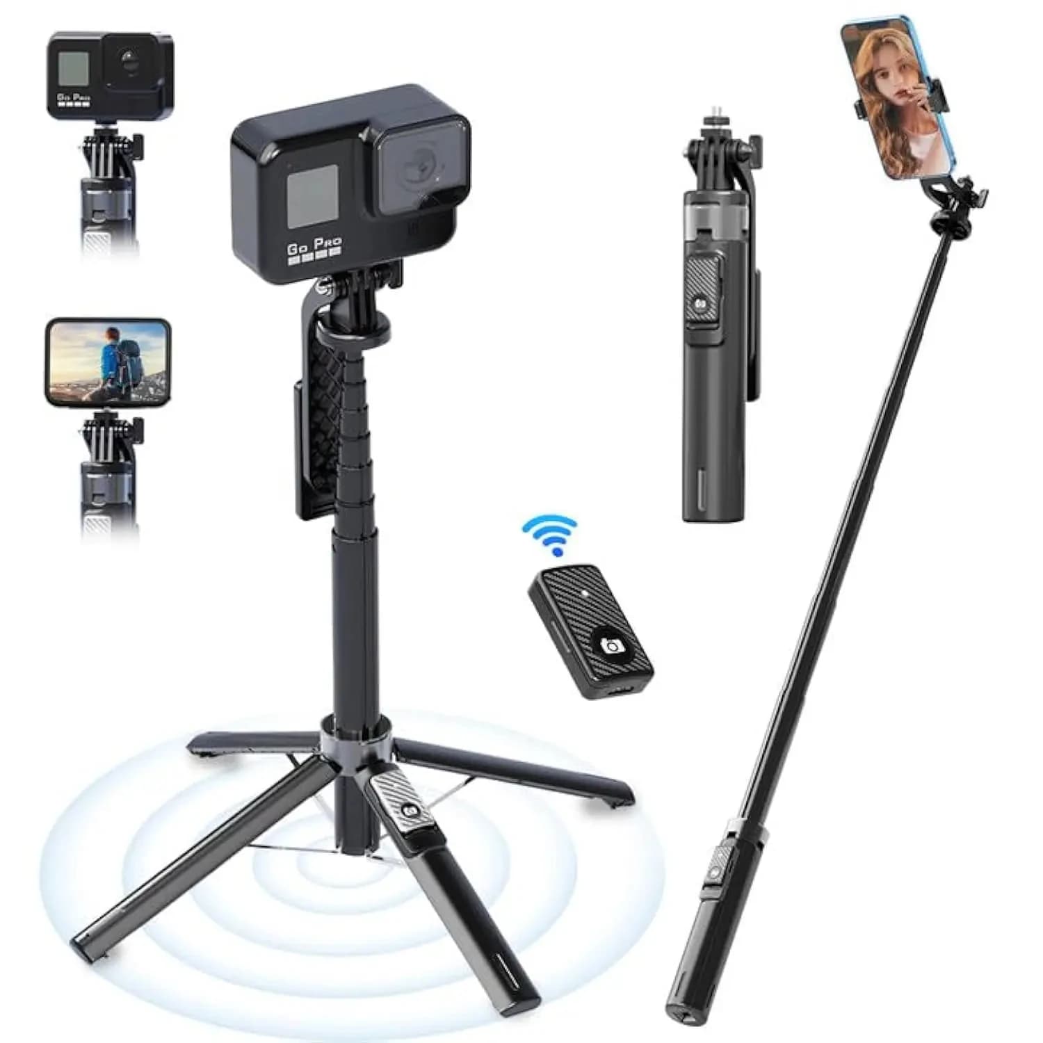 Support for smartphones with tripod for selfie stick 360 degree adjustable with remote control for cameras, selfies, live streaming, photography