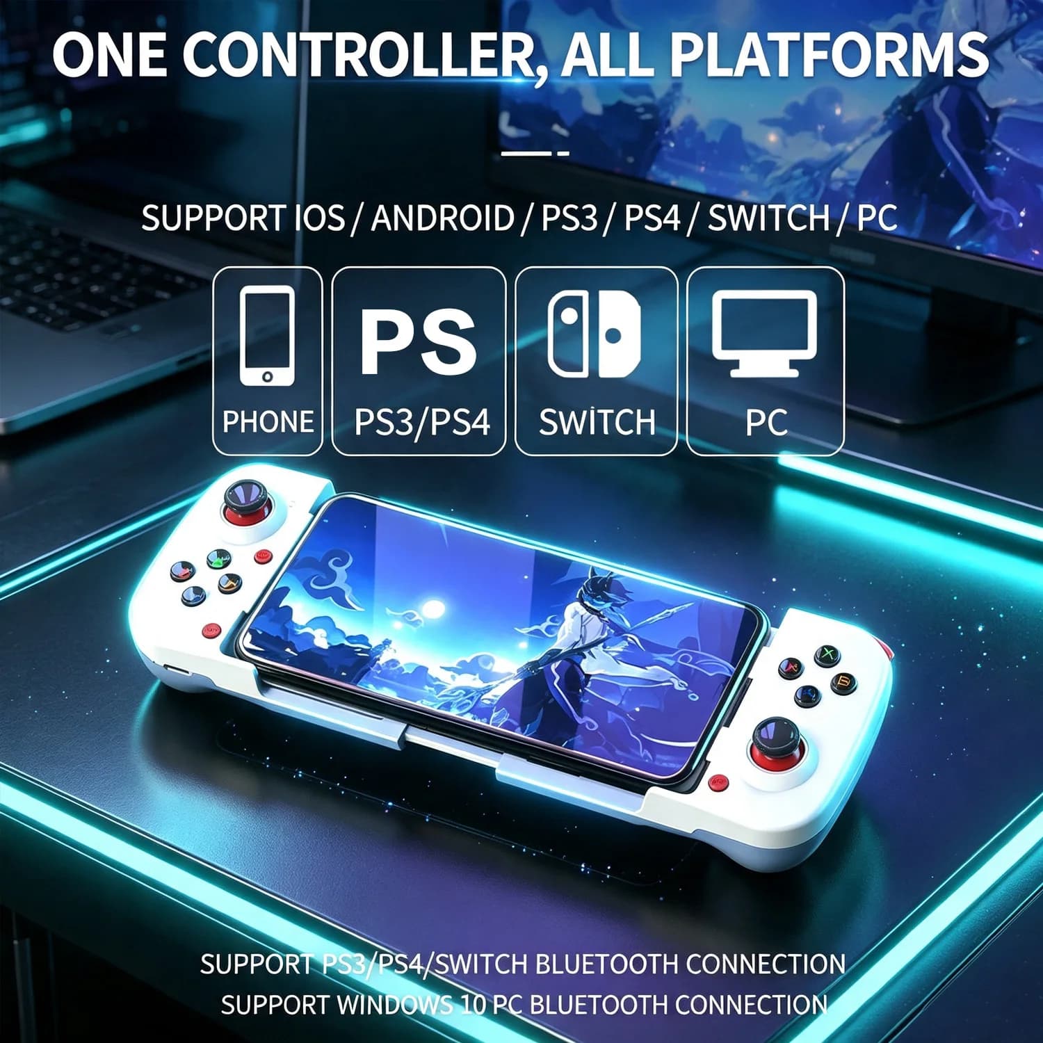 D3 Wireless Bluetooth Stretchable Gamepad, Telescopic Mobile Gaming Controller Joystick For Android iOS Portable Controller