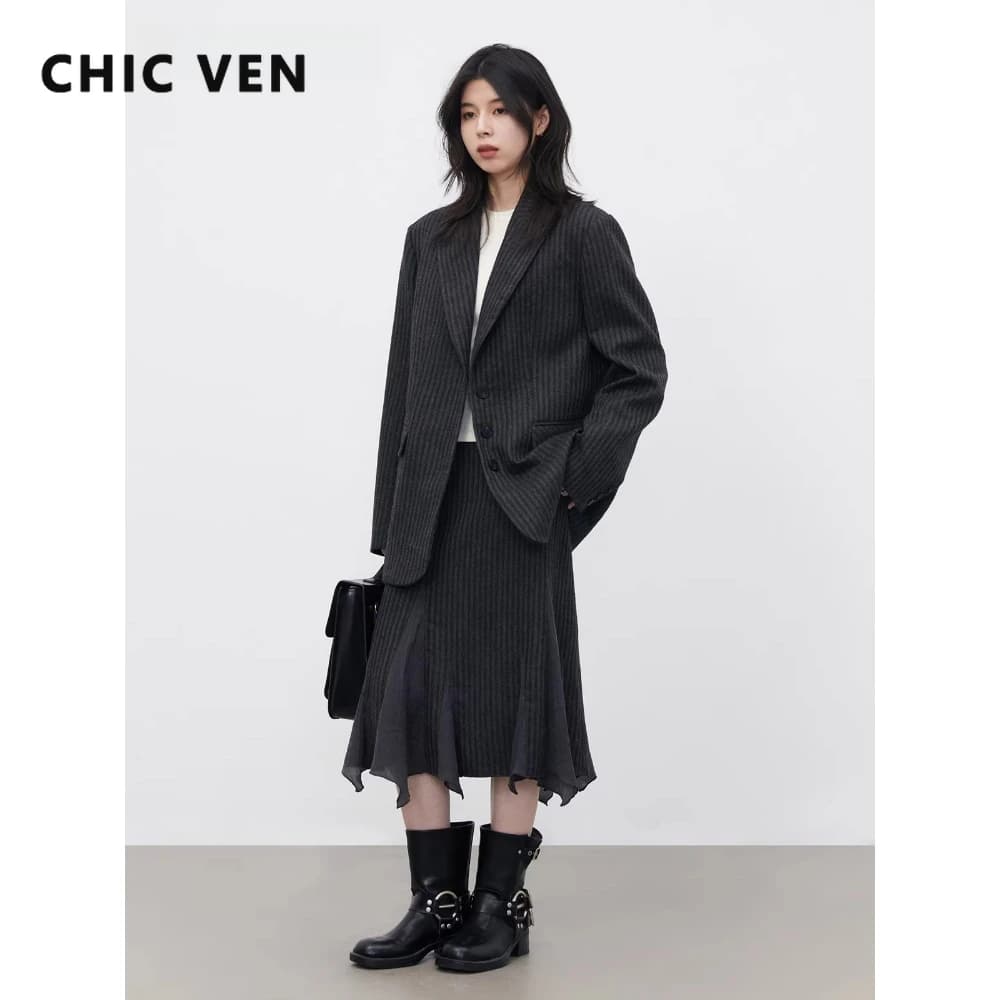 CHIC VEN Set Moda Donna: Blazer in Lana e Gonna a Strisce con Orlo a Coda di Pesce, Stile Casual da Ufficio, Autunno Inverno 2026
