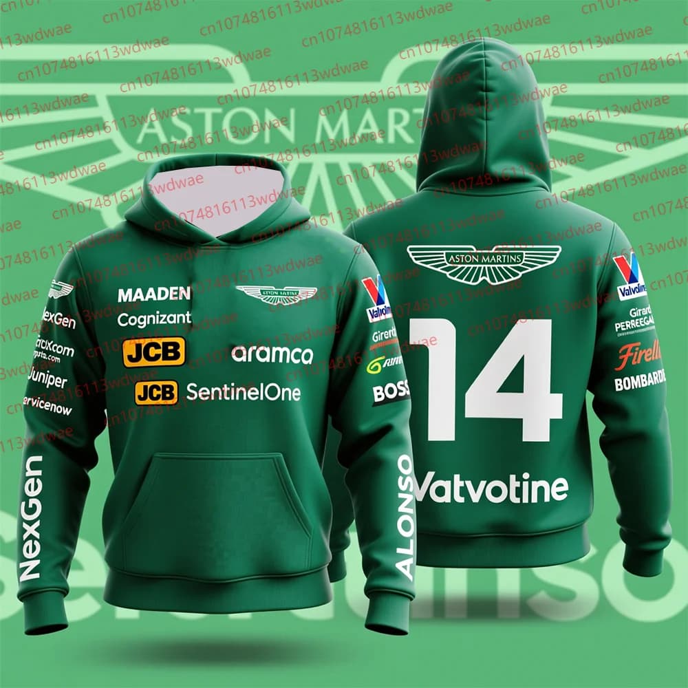 Felpa con Cappuccio a Maniche Lunghe Fernando Alonso 14 2026, Tuta da Corsa Classica Aston Martin, Asciugatura Rapida, Traspirante, Felpa da Moto