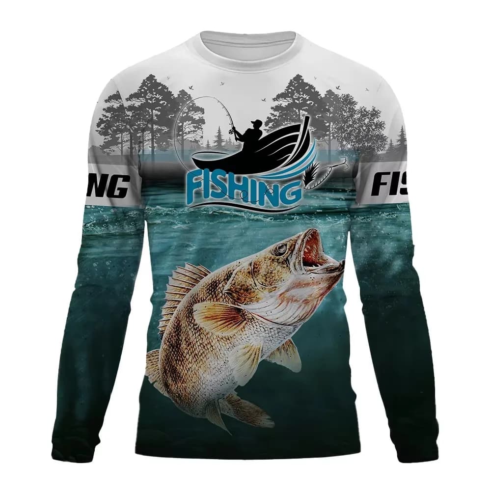 T-shirt a maniche lunghe a tema pesca alla moda, top stampato per pescatori, casual, sportivo, comodo, con scollo rotondo