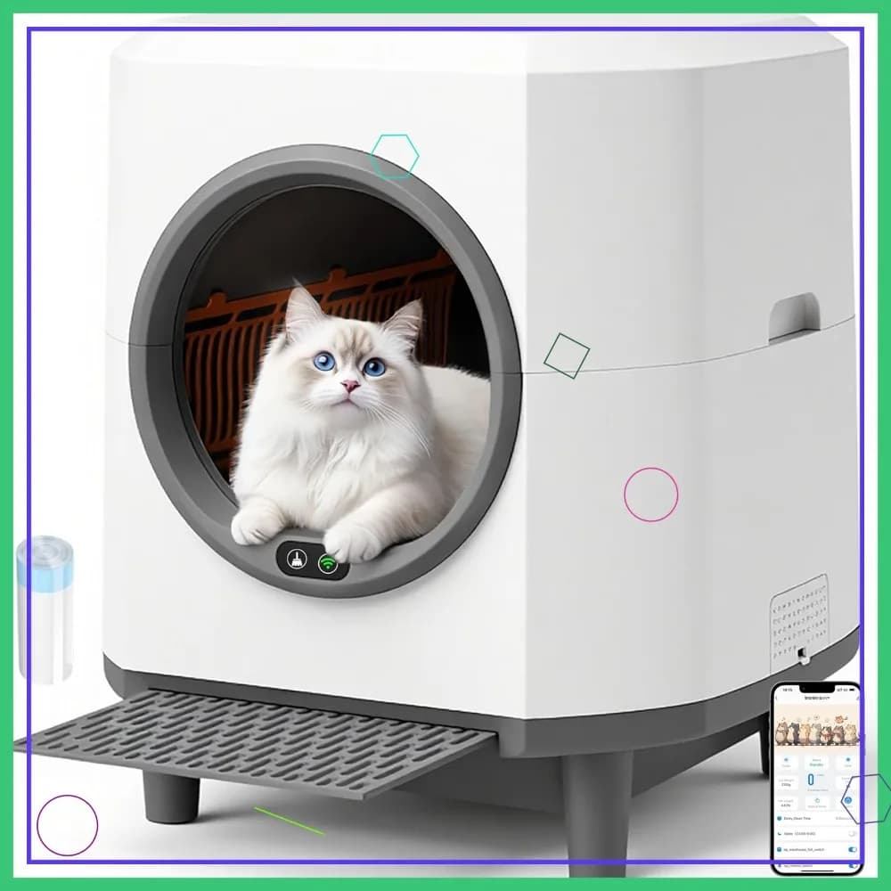 Lettiera autopulente da 90L, automatica con controllo tramite app, controllo degli odori e sensore di sicurezza per gatti multipli (Bianca)