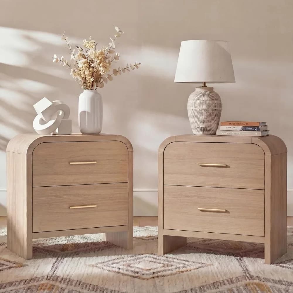 Set di 2 comodini [Profilo curvo unico] [Scheda di legno certificata FSC] Comodino a 2 cassetti 24" H Manico in metallo Moderno Robusto