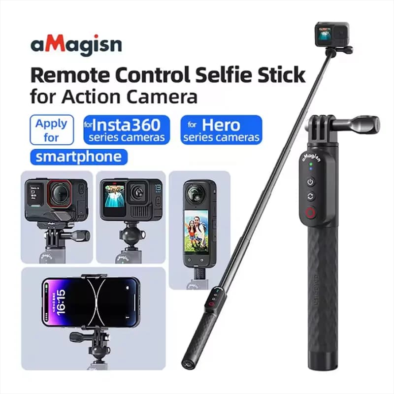 Selfie aMagisn 100cm/39" with portable tripod, vlog handle, action camera remote, compatible with Insta360 and GoPro