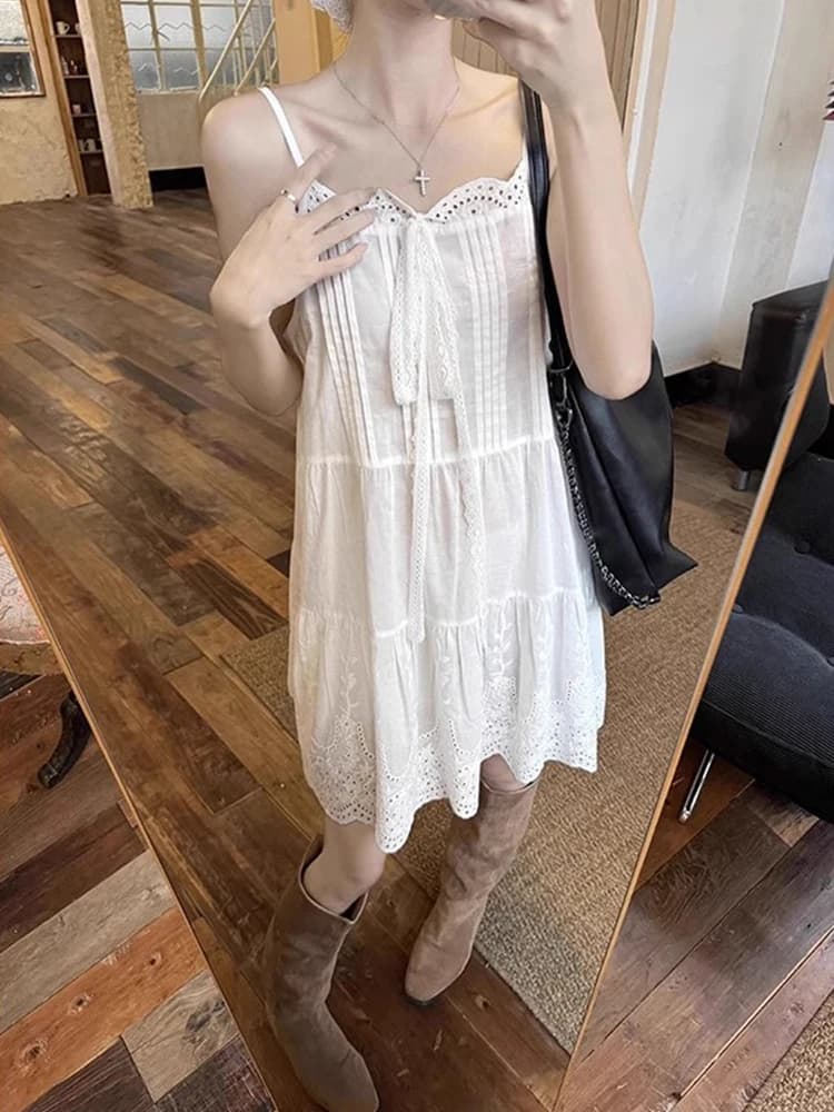 White Lace Trim Halter Dress Women's Autumn Winter Korean Style Mesh Skirt Curtain Slimming Base Layer Dress