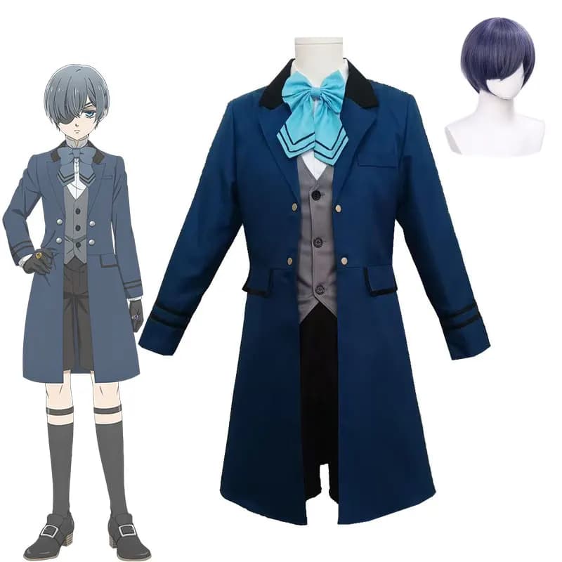 Costume Cosplay Anime Black Butler Ciel Phantomhive con Parrucca, Gilet, Cappotto e Uniforme Blu per Comic Con e Feste di Halloween