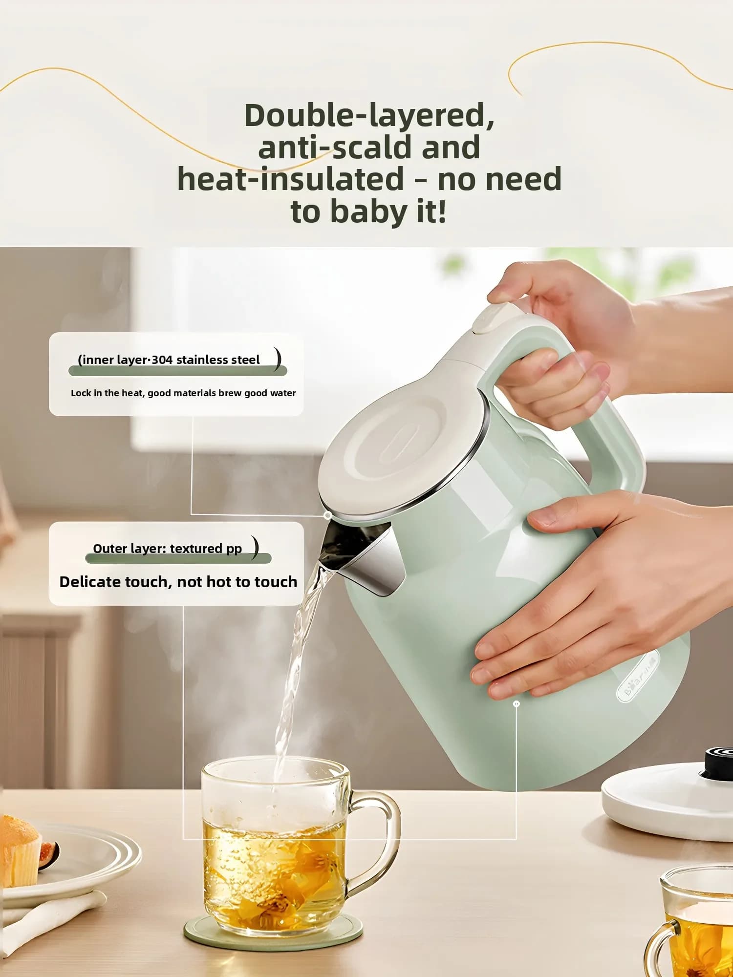 220V Bear Electric Kettle Fast Boiling Stainless Steel Water Kettle with Keep Warm Function for Home Office LYH