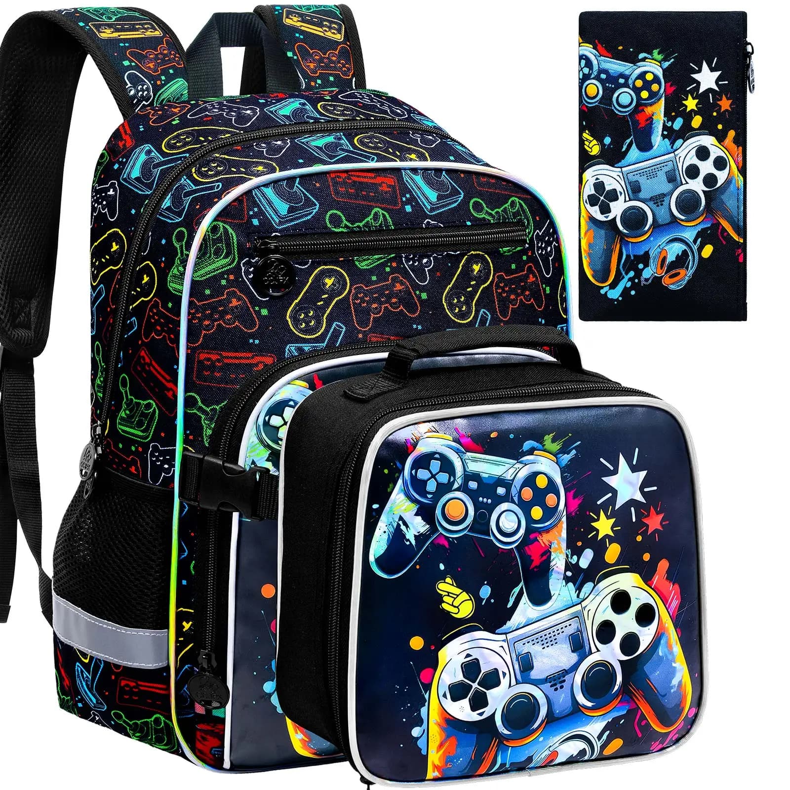 Set di 3 Zaini per Ragazzi, Fantastico Set Scolastico a Tema Controller di Videogiochi con Borsa Termica e Astuccio, Zaino per Bambini per il Ritorno a Scuola