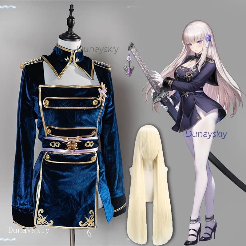 Brown Dust 2 Blade Sexy Velvet Uniform Costume – Young Lady Dark DPS Skin + Wig, Women’s Halloween Carnival Party Suit