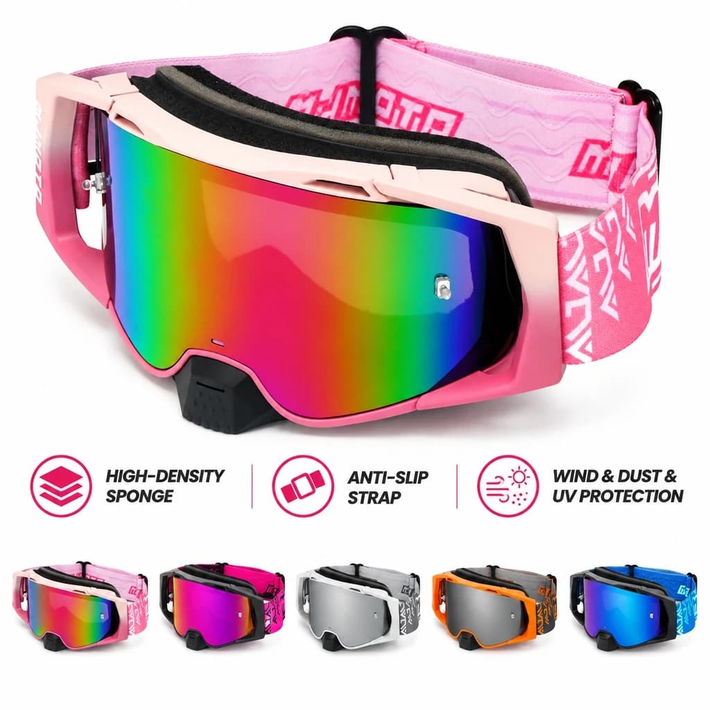Snowmobile Ski Goggles, UV400 Windproof Sandproof Off-road Goggles with High Density Sponge Anti-slip Strap