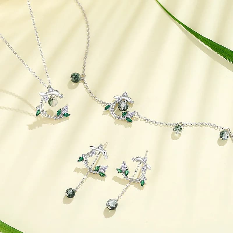 VENTFILLE Set di collane con orecchini in zircone in argento sterling 925 per le donne Regalo di gioielli dolci con perline di foglie di cristallo verde Dropshipping