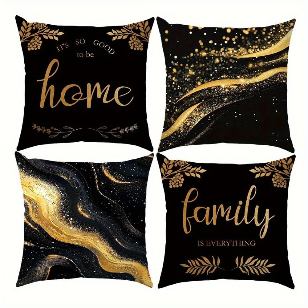 4 fodere per cuscini con stampa marmo nero e oro - Chiusura con cerniera, decorazioni per la casa per soggiorno, camera da letto e divano (inserto non incluso)