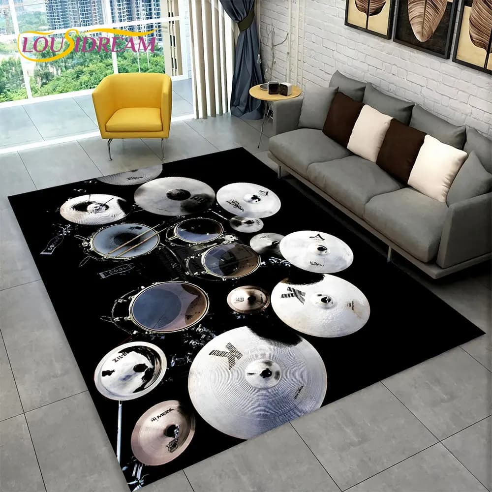 Kit batteria 3D Strumenti musicali Area Tappeto grande, Tappeto per soggiorno Camera da letto Divano Zerbino Decor, Tappetino antiscivolo per bambini