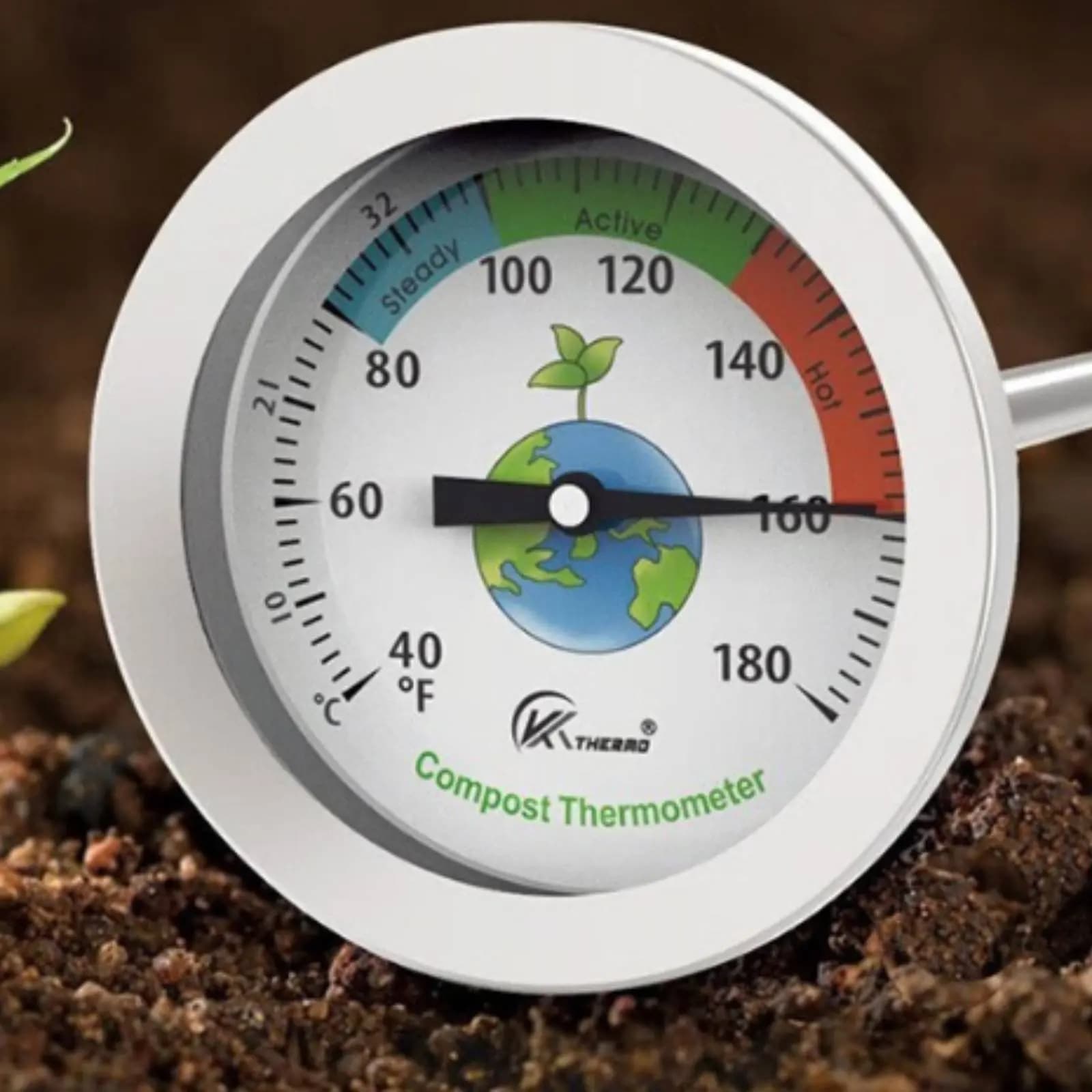 Compost Thermometer with Long Auction, Easy to Read Display, 50cm Mechanical Garden Thermometer, Stainless Steel Auction, Waterproof