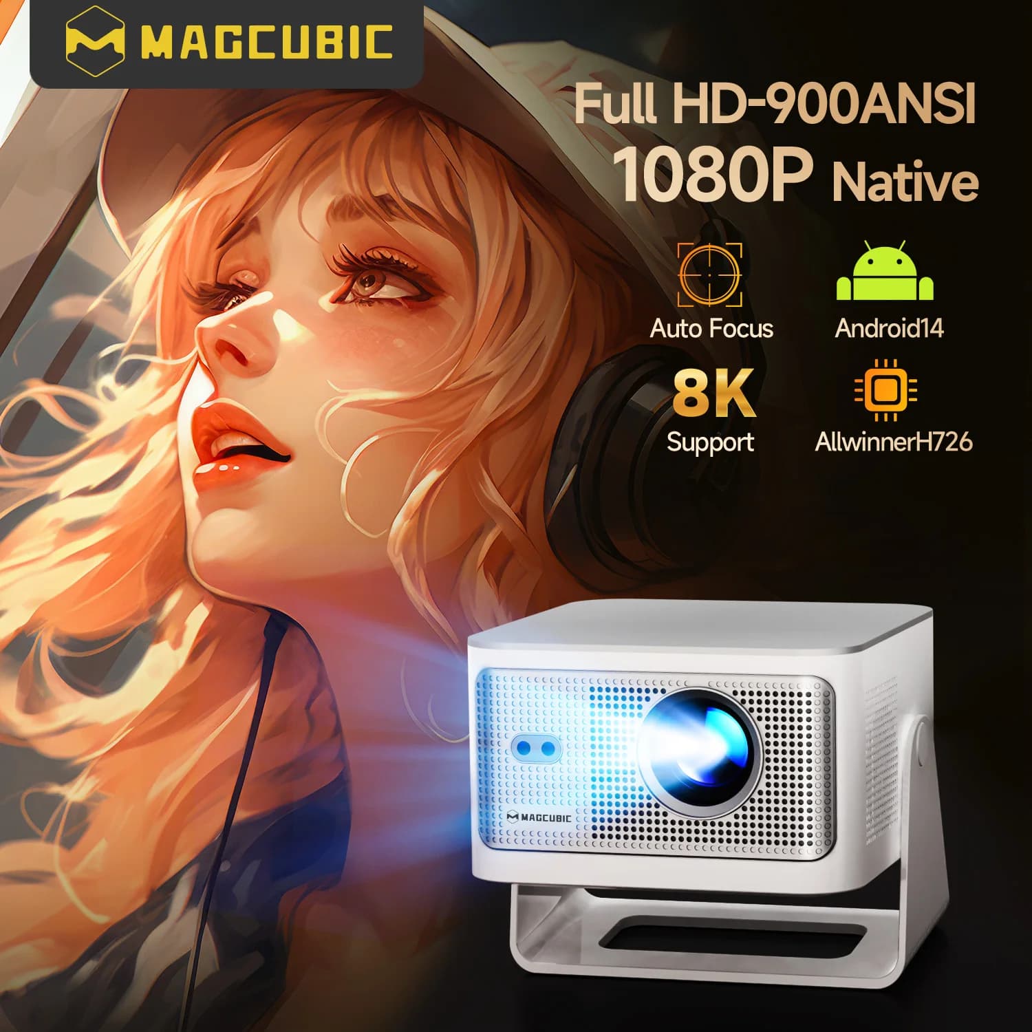 Proiettore Magcubic Auto Focus Android14 4K 900ANSI 8K nativo 1080P HY350Max con Wifi6 BT5.4 16G Allwinner H726 portatile esterno