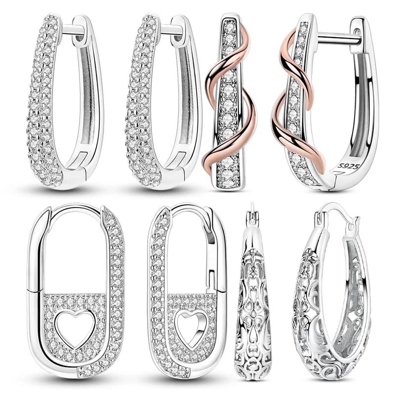 Orecchini a cerchio in argento sterling 925 retrò floreale traforato scintillante orecchini a forma di U con zircone regalo di gioielli di moda per ragazze da donna