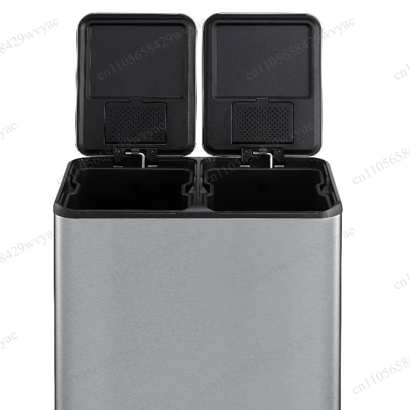 60L Stainless Steel Double Compartment Trash Can, Foot Pedal Design, Indoor Kitchen Waste Recycling Storage Box