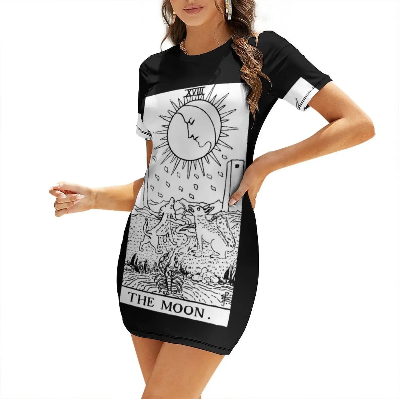 Tarot Card: The Moon Abito a maniche corte bianco e nero Abbigliamento donna Abbigliamento femminile Abito estivo Donna coreana
