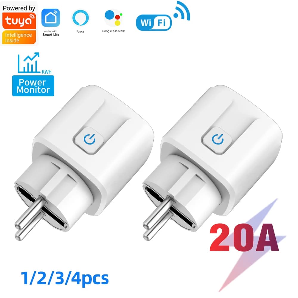 1/2/3/4pcs Tuya 20A Wifi Smart EU Plug With Power Monitoring Smart Life APP Remote Control Support Google Assistant and Alexa