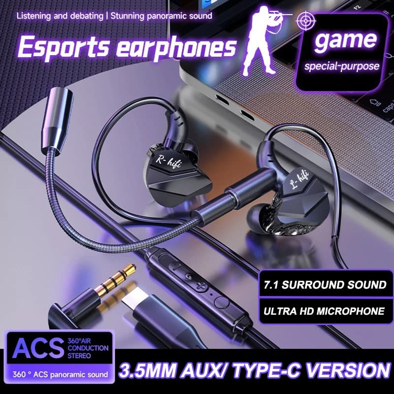 E-Sports Gaming Headphones surround sound 7.1 Hi-Fi stereo headphones Wired PUBG gaming headphones with double 3.5 mm in-ear microphone/type C